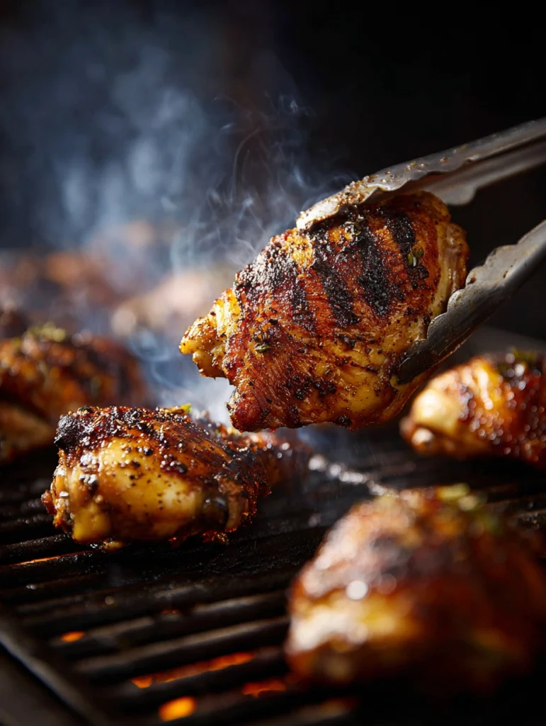 Tongs flipping a bone-in chicken thigh on a grill showing golden grill marks on crispy skin