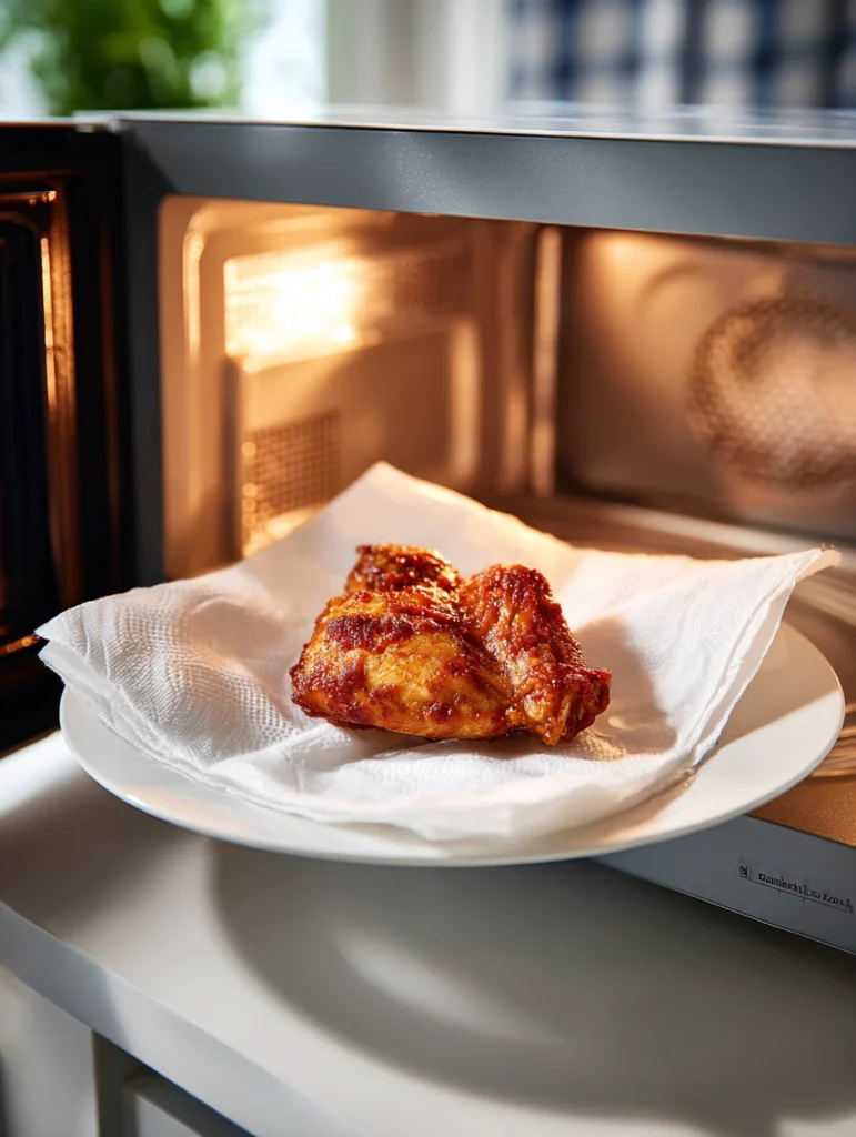 Reheating BBQ chicken in the microwave with a damp paper towel cover
