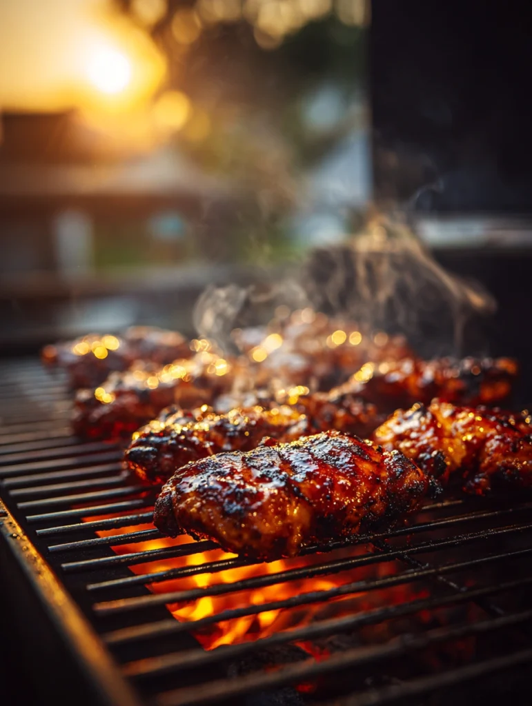 Reheating BBQ chicken on a two-zone grill with smoke and sear marks