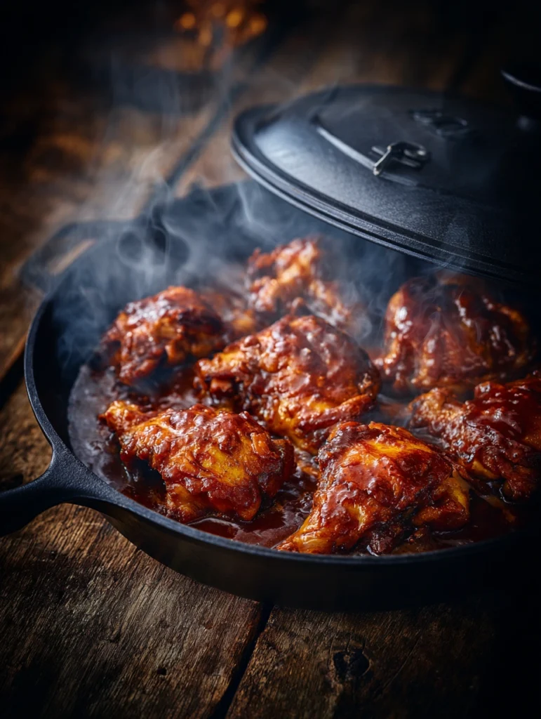 Reheating BBQ chicken in a covered cast iron skillet on the stovetop