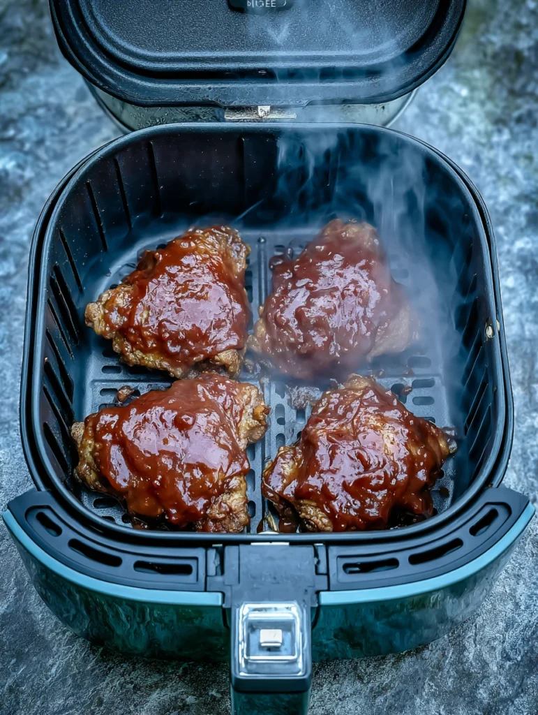 BBQ chicken with crispy skin being reheated in an air fryer basket