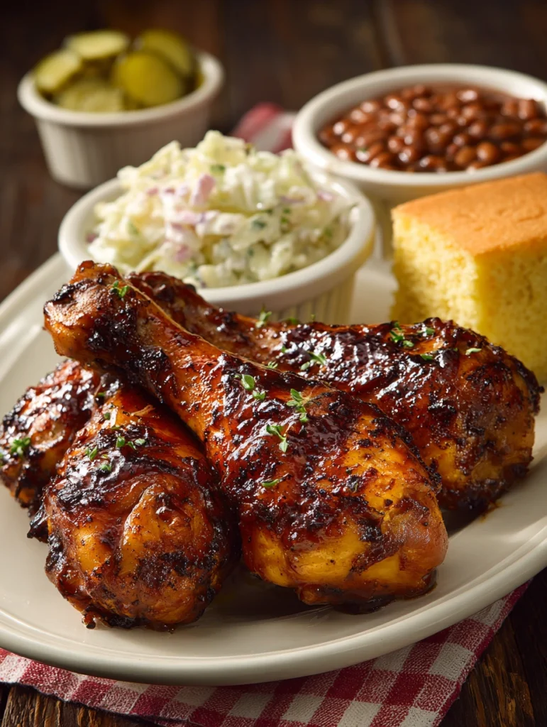 BBQ chicken legs from oven served with coleslaw and cornbread