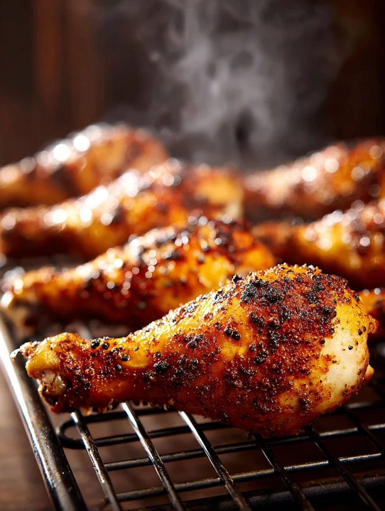 Oven baked chicken drumsticks with crispy skin before adding BBQ sauce