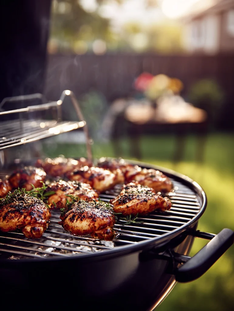 Bone-in chicken thighs cooking on a Weber charcoal kettle grill in a backyard