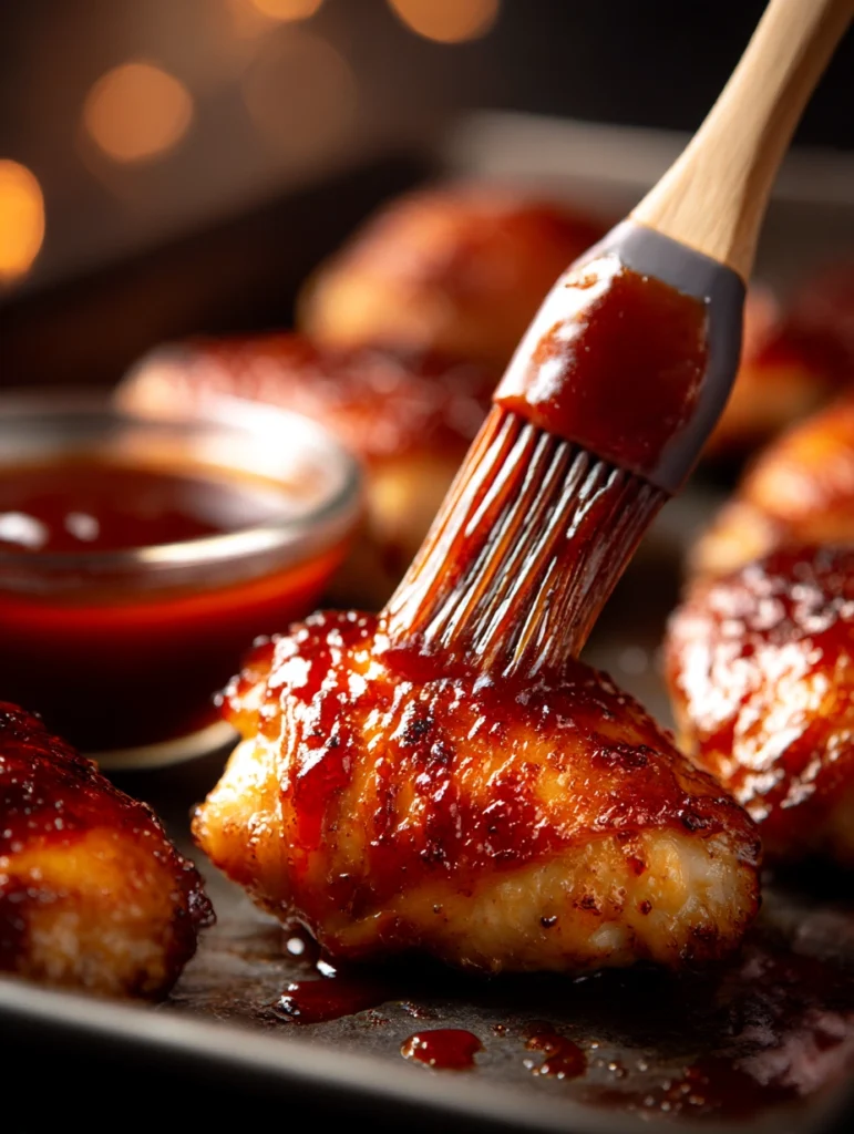 Brushing layers of BBQ sauce onto oven-baked chicken thighs with a basting brush for a caramelized glaze