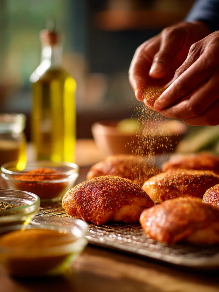 Rubbing homemade BBQ seasoning onto chicken thighs on a wire rack before baking in the oven