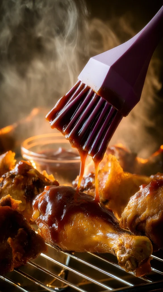 Basting brush applying thick BBQ sauce onto oven-baked chicken legs on a wire rack