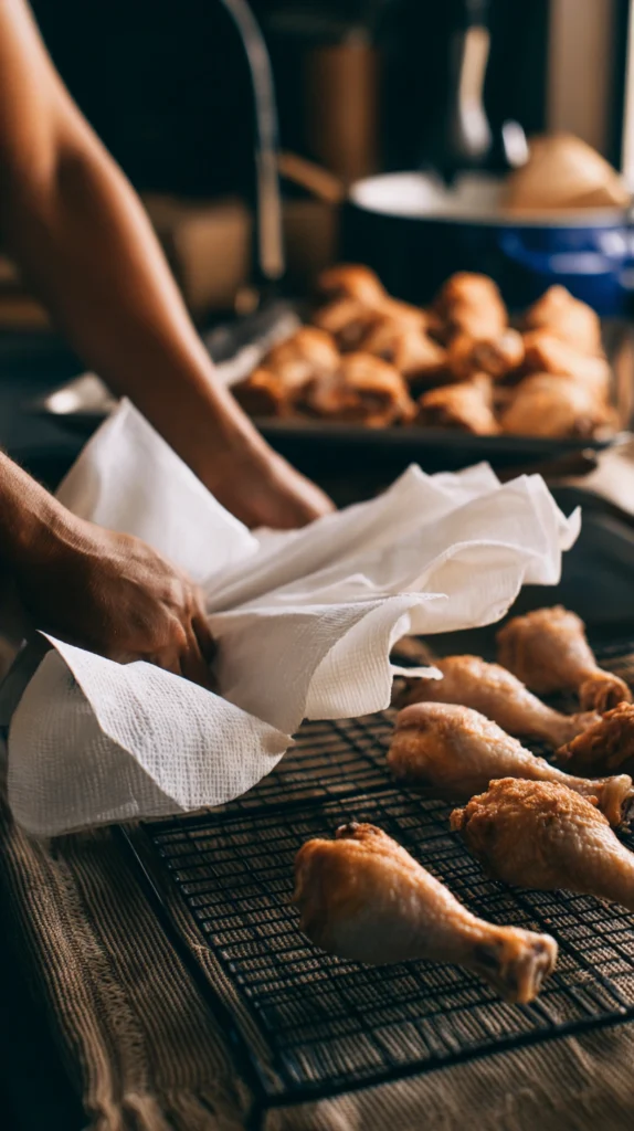 Patting chicken legs dry with paper towels before seasoning for crispy oven-baked BBQ skin