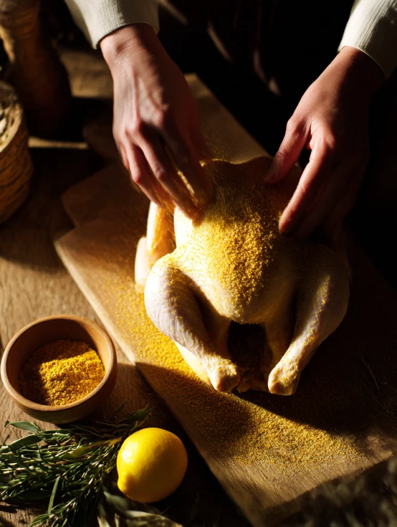 Hands rubbing spice mixture on a whole chicken before BBQ grilling with lemon and herbs for stuffing