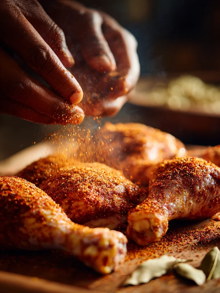 Seasoning chicken legs with dry rub before baking in oven