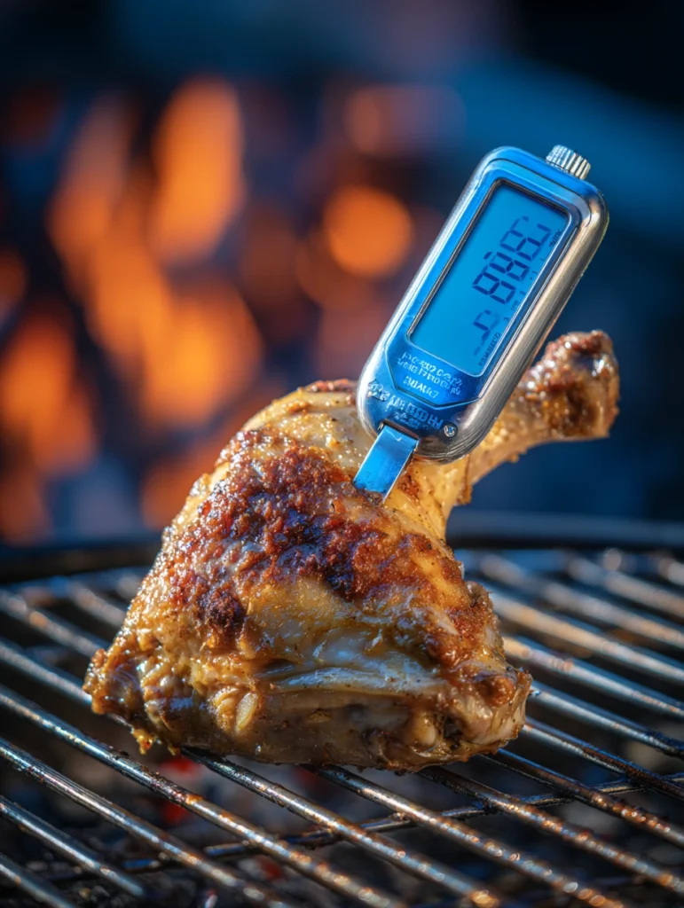 Digital meat thermometer reading 187°F inserted into bone-in chicken thigh on a grill
