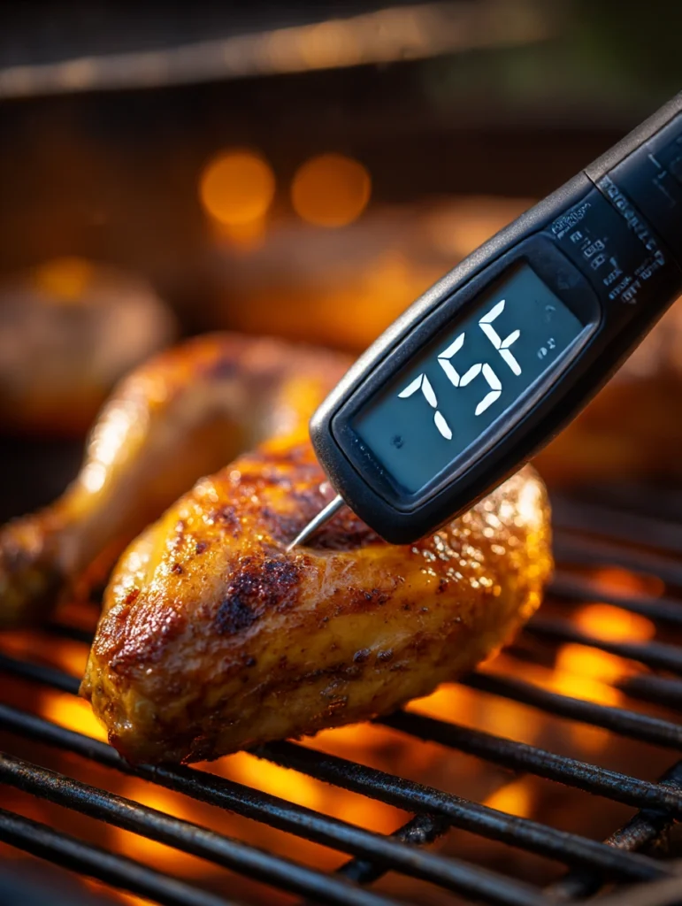 Meat thermometer showing 175°F in a grilled chicken thigh to check doneness