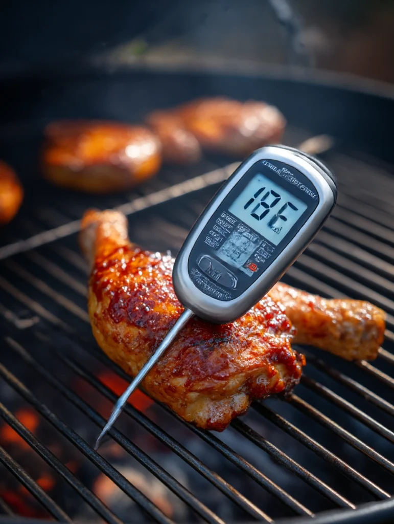 Digital meat thermometer showing 187°F internal temperature in a grilled BBQ chicken thigh