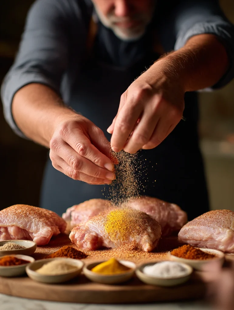 Seasoning bone-in chicken thighs with a homemade BBQ dry rub of smoked paprika, brown sugar, and spices