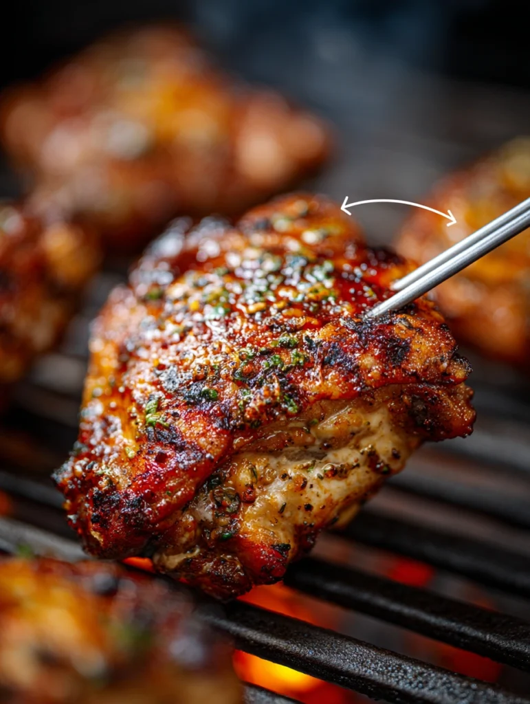 Instant-read thermometer inserted into thickest part of bone-in chicken thigh avoiding the bone