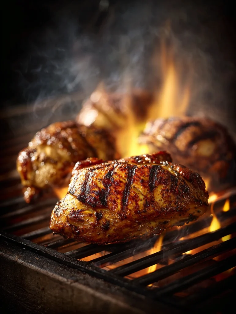Searing bone in chicken breast skin on hot grill