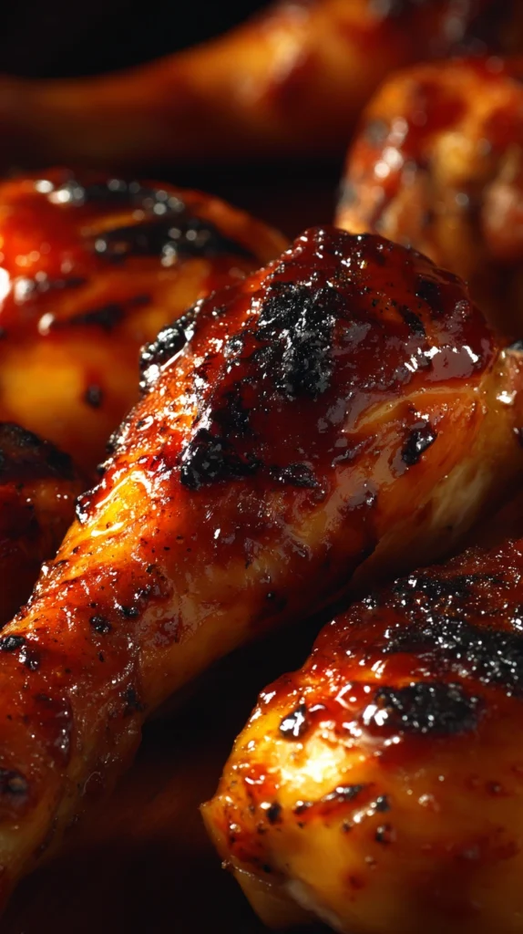 Close-up of BBQ chicken legs with bubbly caramelized sauce and charred edges from the broiler