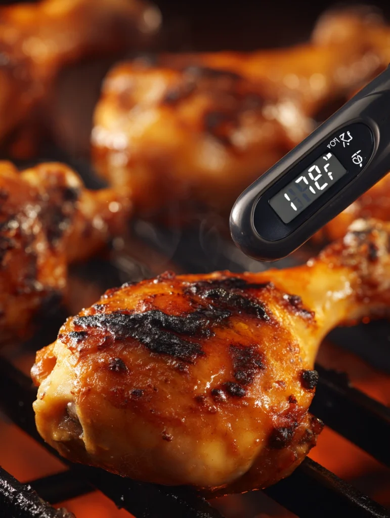 Instant-read meat thermometer showing 187°F in a grilled BBQ chicken thigh