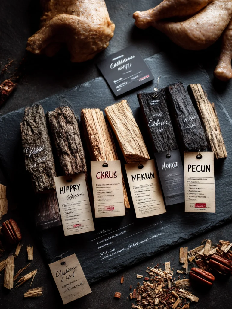 Five types of smoking wood for BBQ chicken thighs: hickory, cherry, apple, pecan, and mesquite