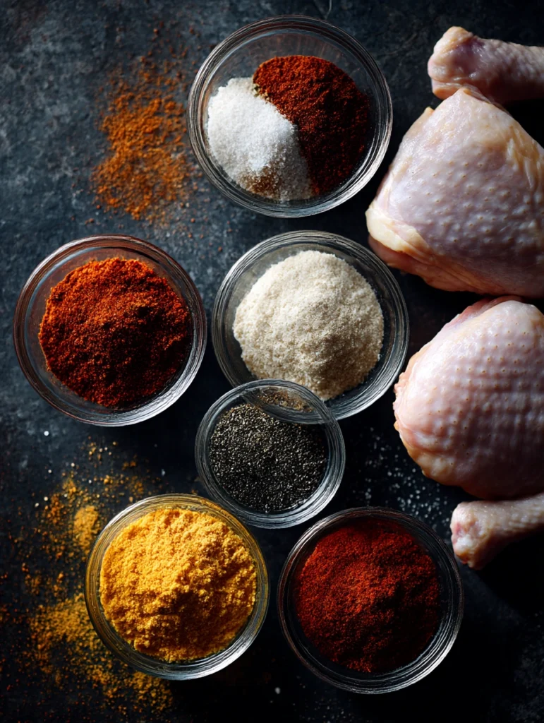 Kansas City dry rub spice ingredients for grilled chicken thighs in small bowls
