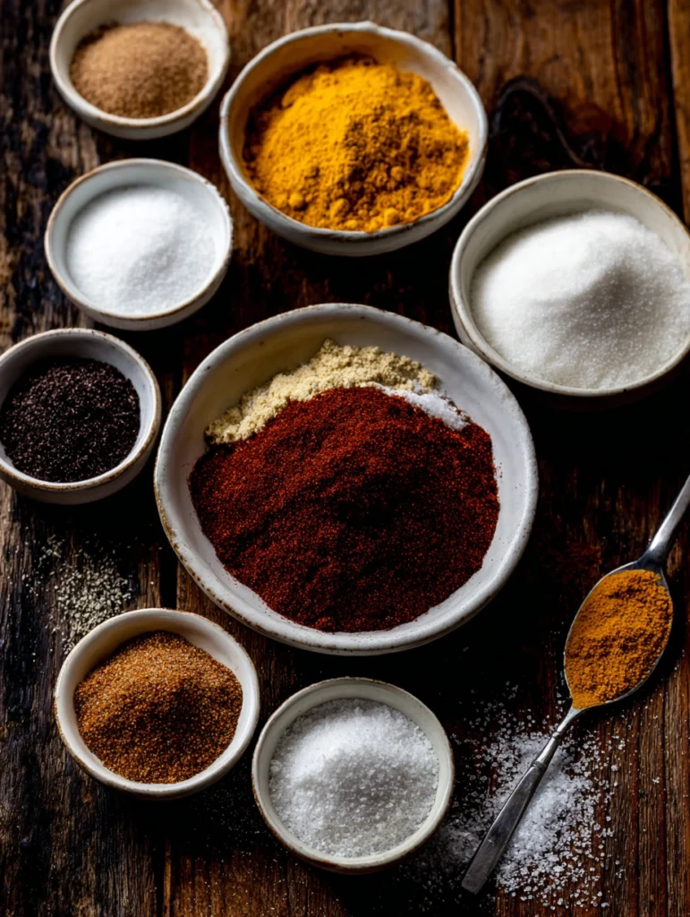 Kansas City BBQ dry rub ingredients in small bowls including brown sugar paprika garlic powder and cayenne