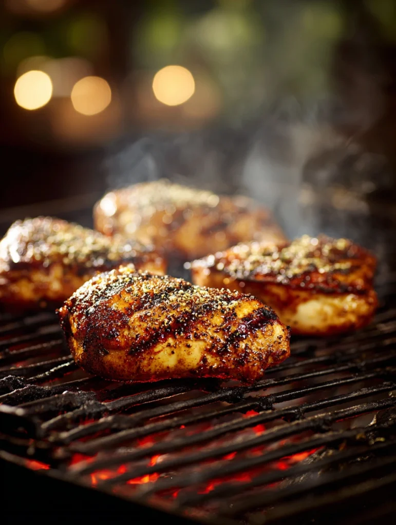 Bone in chicken breast cooking on grill with indirect heat