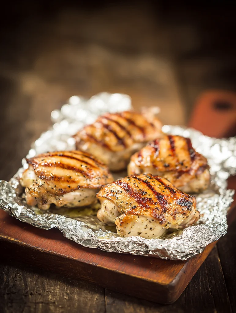 Grilled bone-in chicken thighs resting on a cutting board loosely tented with aluminum foil