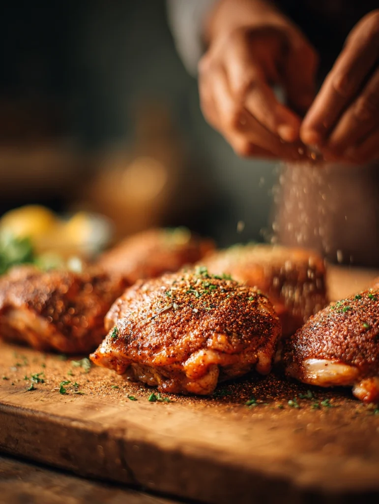 Hands applying dry rub seasoning to raw bone-in chicken thighs on a cutting board