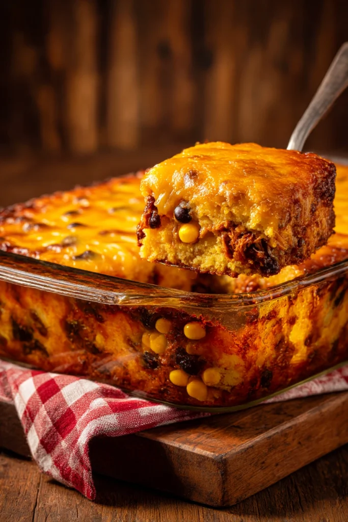 bbq chicken cornbread casserole in glass baking dish with melted cheese showing layers of cornbread chicken beans corn