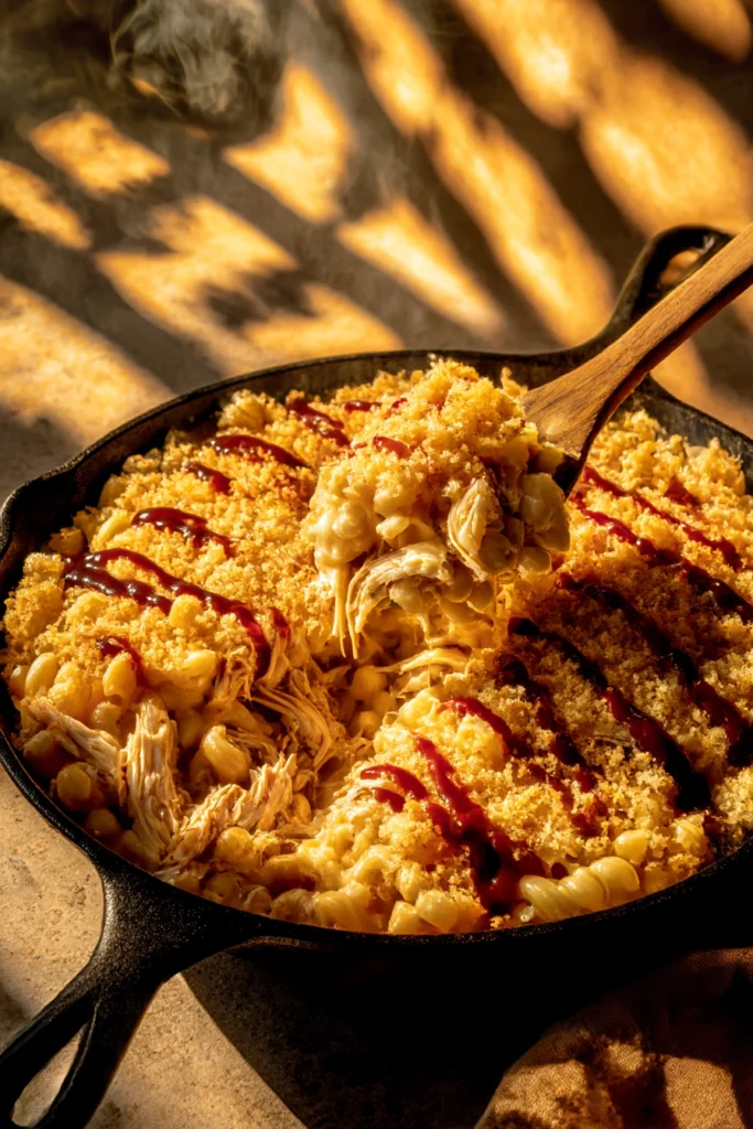 bbq chicken mac and cheese in cast iron skillet with crispy golden panko topping and creamy cheese sauce