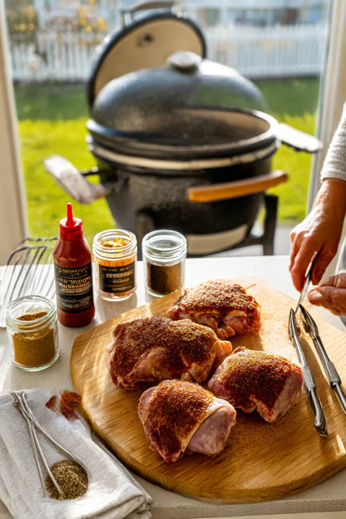 raw bone-in chicken thighs being seasoned with bbq dry rub spices on cutting board with smoker grill in background
