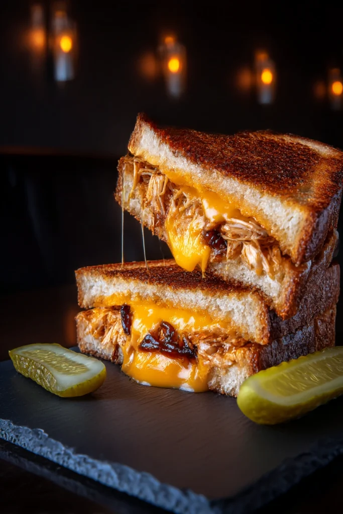 bbq chicken grilled cheese on sourdough bread cut in half with stretchy melted cheddar caramelized onions on slate board