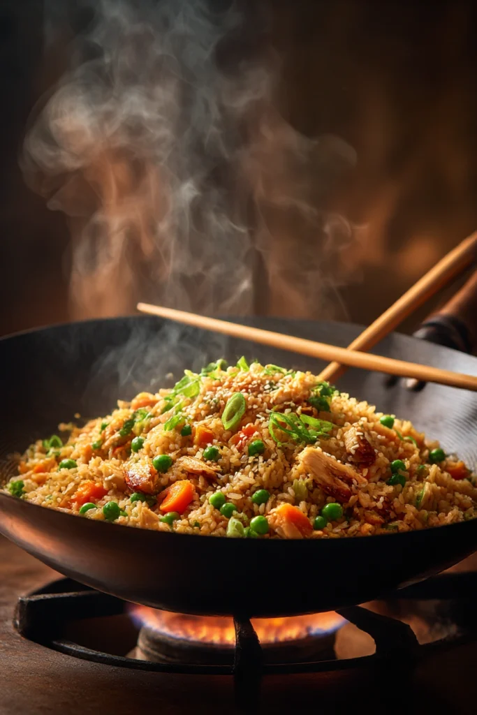 bbq chicken fried rice in carbon steel wok with scrambled egg peas carrots green onions sesame seeds
