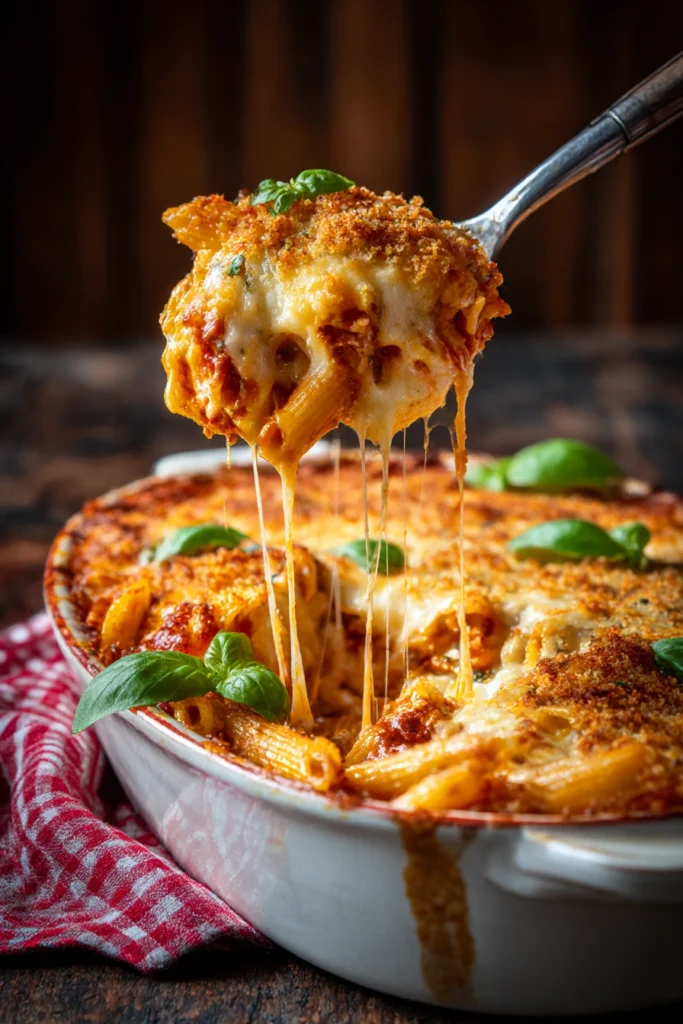 bbq chicken pasta bake with bubbly mozzarella breadcrumb topping penne in bbq marinara sauce in oval baking dish