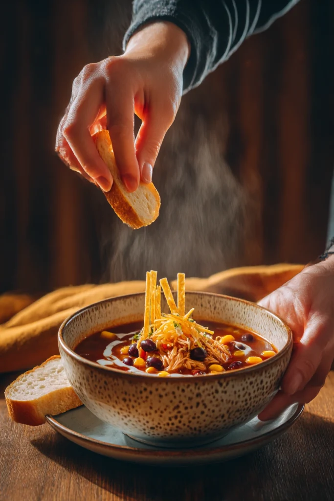 hearty bbq chicken soup with black beans corn tomatoes in smoky broth topped with sour cream cheese tortilla strips