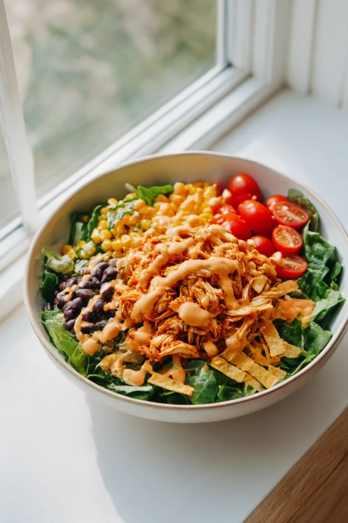 bbq chicken salad bowl with mixed greens corn black beans cherry tomatoes cheddar cheese tortilla strips bbq ranch dressing