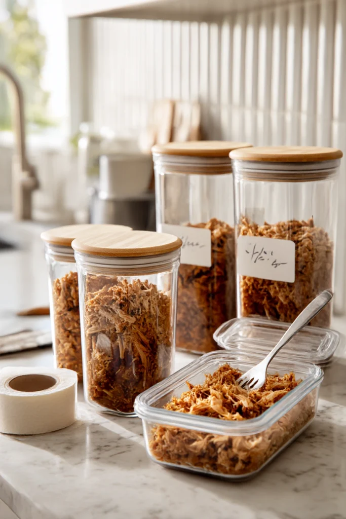 shredded bbq chicken meal prep in glass airtight containers with date labels on marble counter for weekly storage