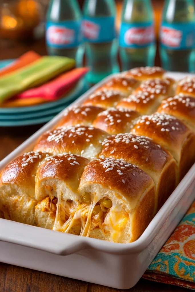 pull apart bbq chicken sliders on hawaiian rolls with sesame seeds melted cheese jalapeños in baking dish