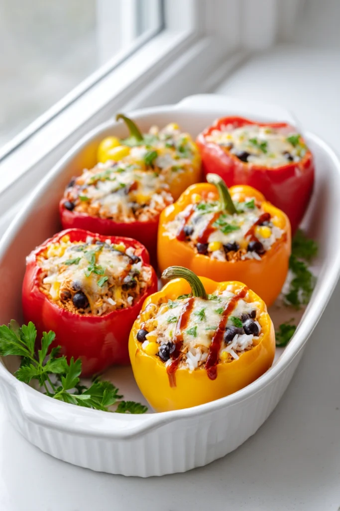 colorful bbq chicken stuffed bell peppers with rice black beans corn melted cheese in white baking dish