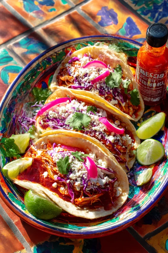 three bbq chicken tacos in flour tortillas with coleslaw cotija cheese pickled red onion lime wedges on ceramic plate