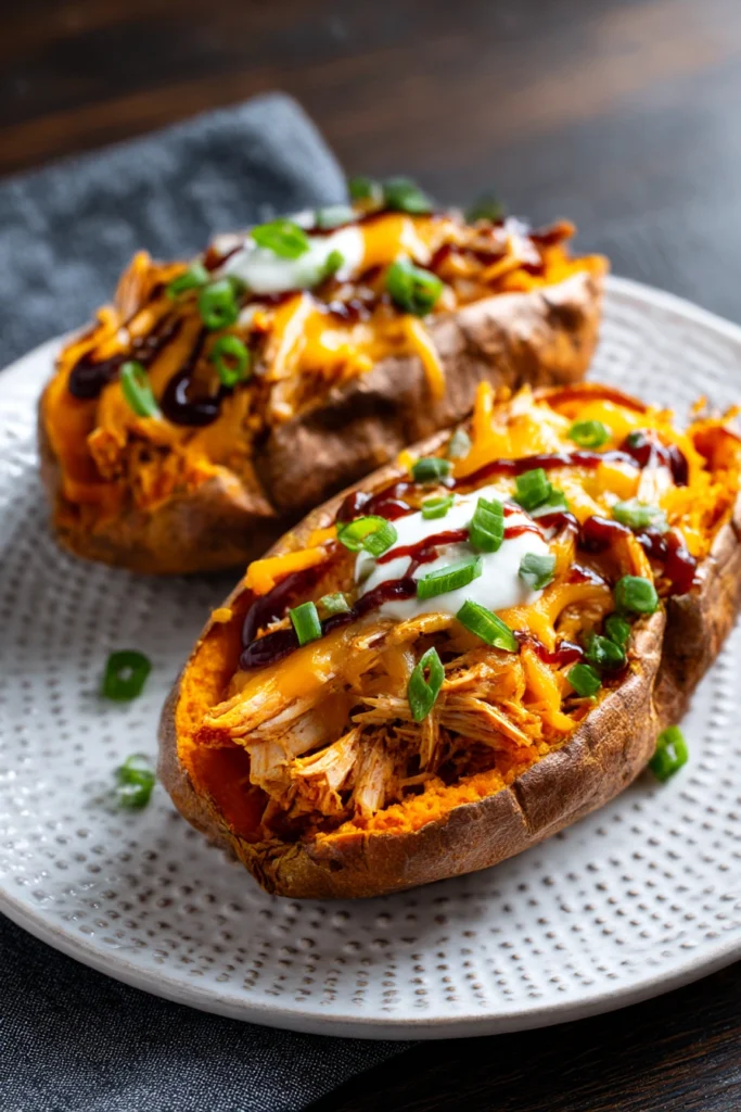 baked sweet potatoes stuffed with bbq chicken melted cheese greek yogurt green onions and bbq sauce drizzle