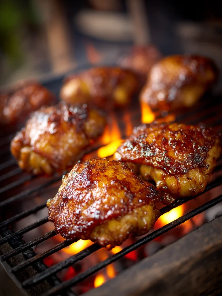 Bone-in chicken thighs with crispy skin grilling over charcoal