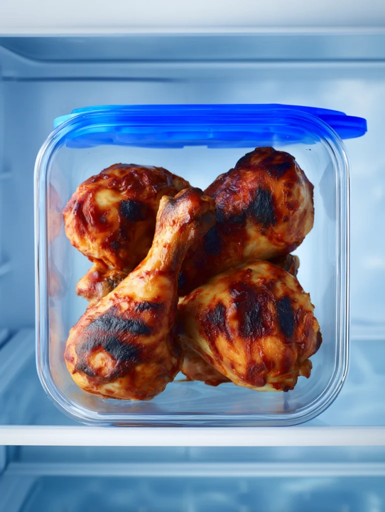 Storing leftover BBQ chicken in an airtight container in the fridge