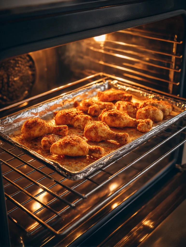 Golden brown chicken baking in the oven on a wire rack before adding BBQ sauce