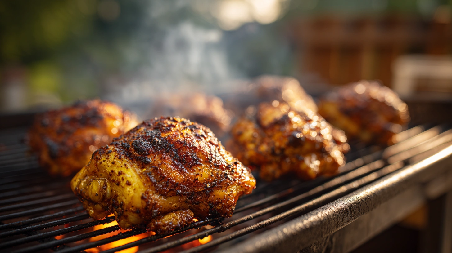 Bone-in chicken thighs with crispy skin cooking on a charcoal grill with smoke rising