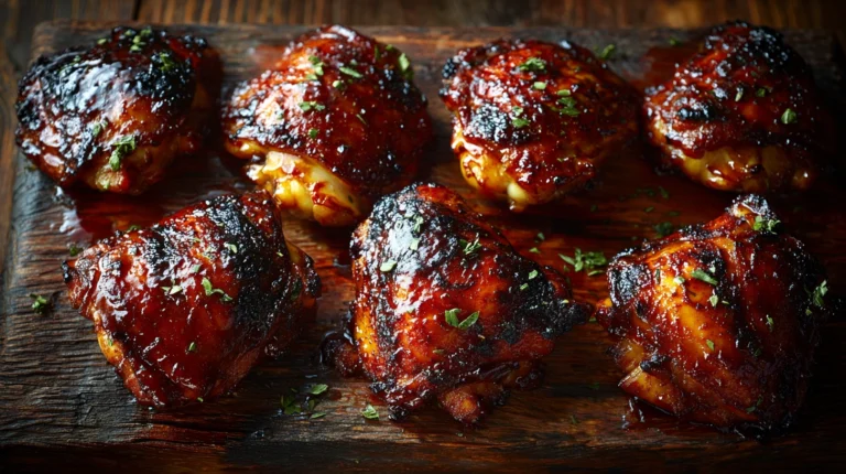 How to BBQ chicken thighs with crispy caramelized skin on a rustic wooden board