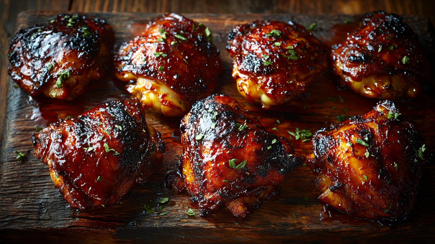 How to BBQ chicken thighs with crispy caramelized skin on a rustic wooden board