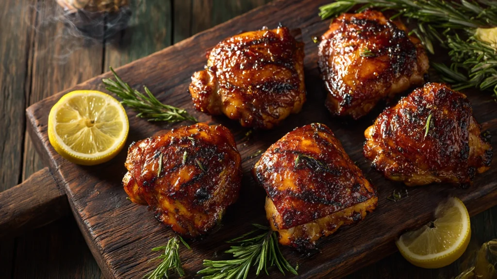 Grilled BBQ chicken thighs with crispy skin and Kansas City-style barbecue glaze on a rustic wooden cutting board