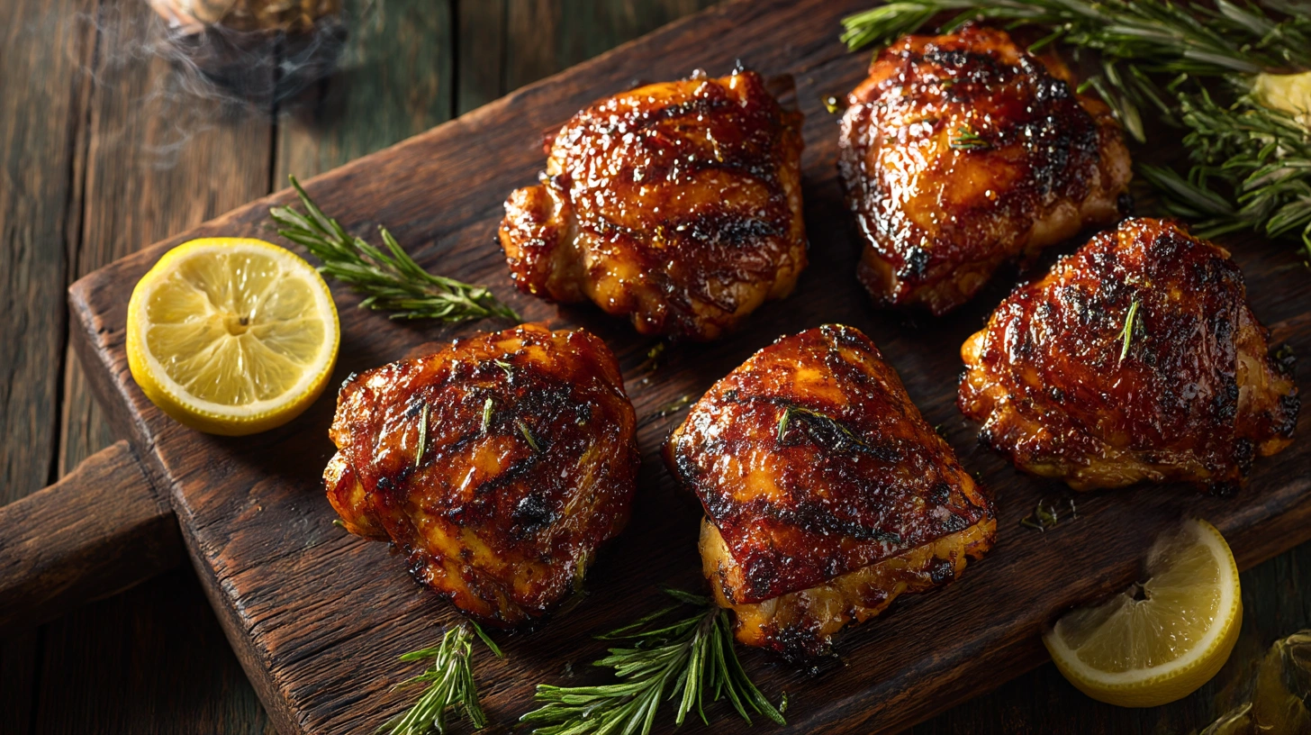 Grilled BBQ chicken thighs with crispy skin and Kansas City-style barbecue glaze on a rustic wooden cutting board