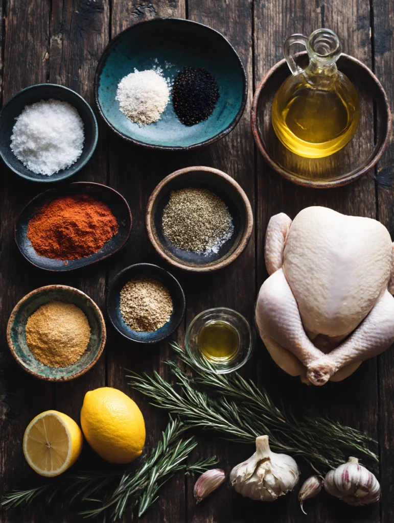 Flat lay of BBQ whole chicken ingredients including spices, lemon, garlic, rosemary, and olive oil on a wooden table